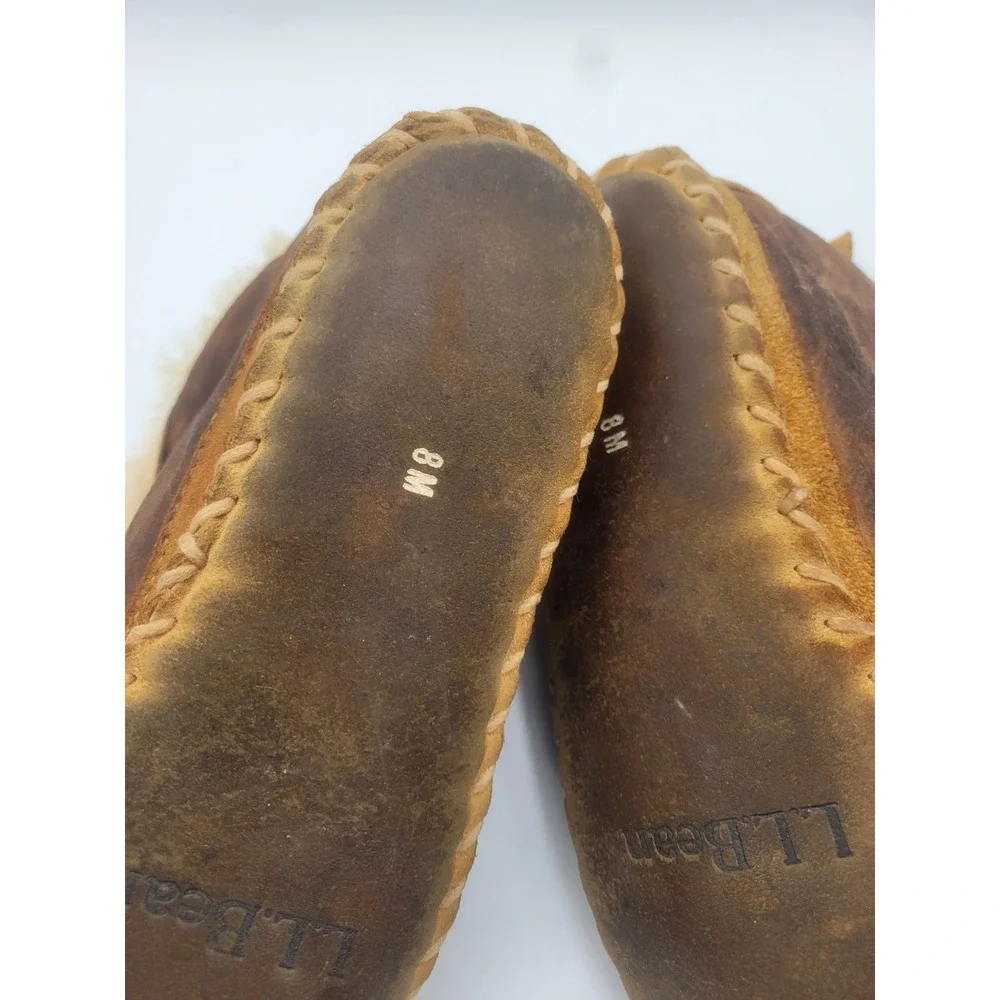 LL Bean Wicked Good Shearling Moccasin Slippers Brown Leather Mens 8 M